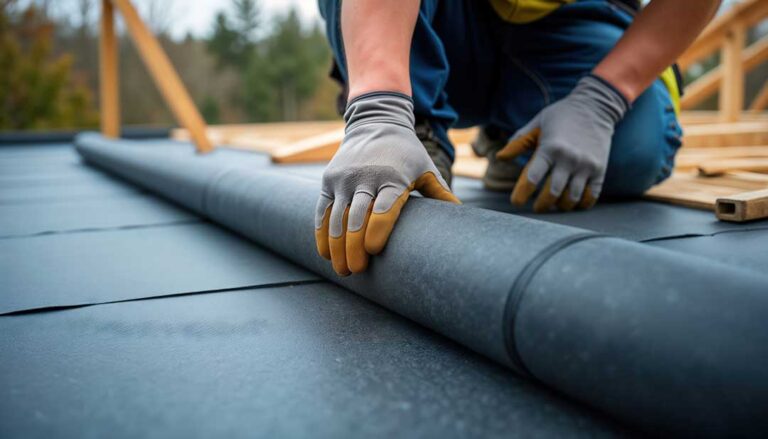 A residential roofer inspects asphalt shingles on a two-story house under an overcast sky.